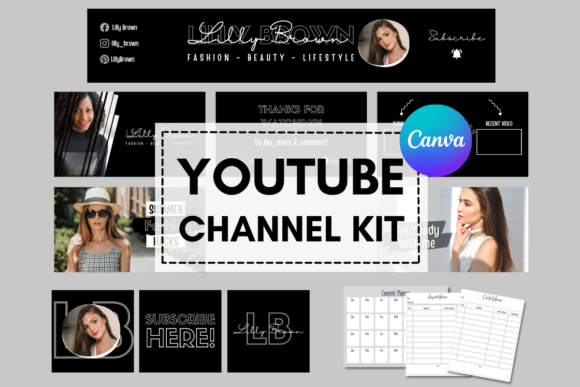 BLACK and WHITE YOUTUBE CHANNEL KIT Graphic Print Templates By designogenie