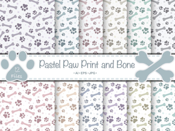 Digital Paper Pastel Paw Print and Bone Graphic Patterns By lindoet23