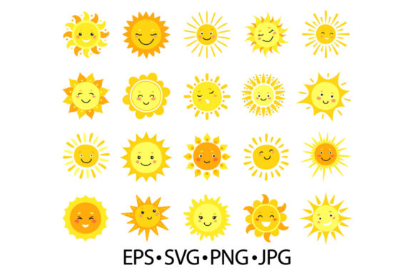 Cute Sun. Cartoon Sunny Happy Emoji Graphic Icons By frogella.stock
