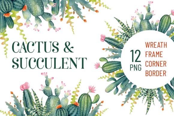 Watercolor Cactus Wreath, Frame, Corner Gráfico Ilustrações para Impressão Por LuckPicture
