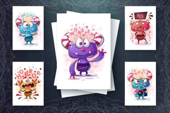 Set Cute Monster for Print T-shirt Graphic Illustrations By rwgusev
