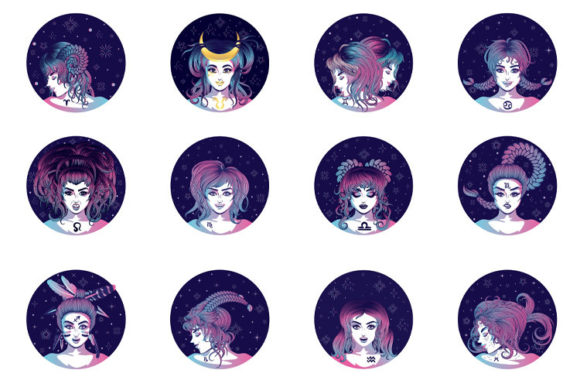 Fantasy Zodiac Girls in Blue and Pink Graphic Illustrations By AnnArtshock