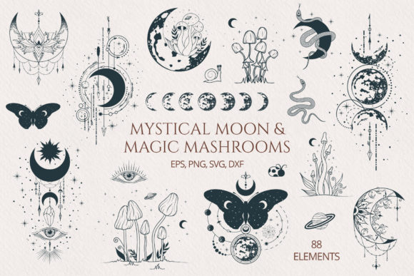 Mystical Moon & Magic Mushrooms Set Grafik Druckbare Illustrationen Von Kirill's Workshop
