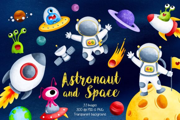 Astronaut and Space Clipart Gráfico Ilustrações para Impressão Por Stellaart