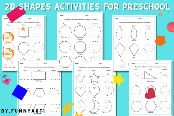 2D Shape Trace Color and Join the Dots Graphic PreK By Funnyarti
