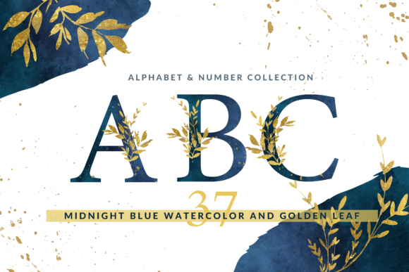 Watercolor Blue & Golden Leaf Alphabets Graphic Illustrations By daisyartwatercolors