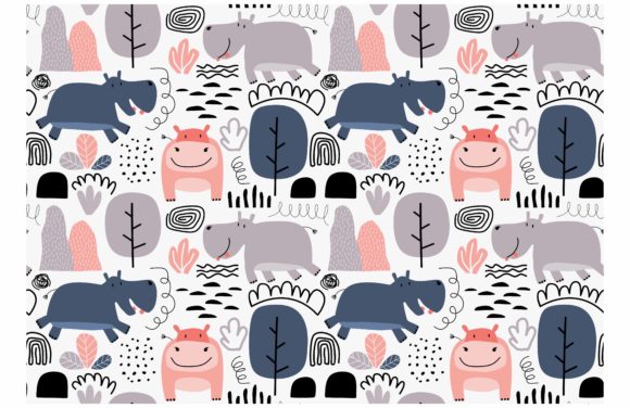 Pattern with Cute Hippos Gráfico Padrões de Papel Por etinurhayati0586