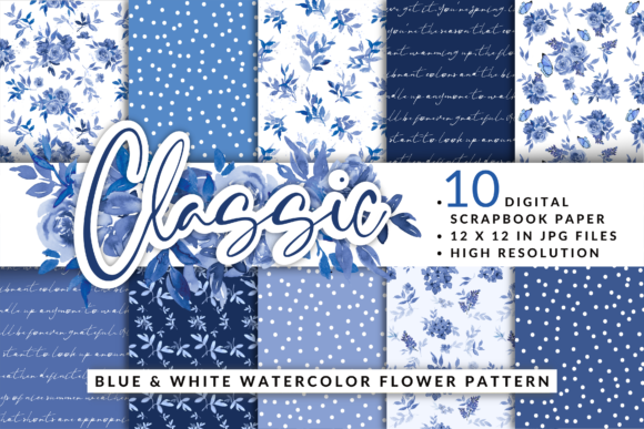 Blue Watercolor Flower Digital Paper Set Graphic Patterns By daisyartwatercolors