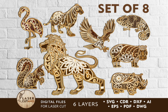 Animals Bundle, Set of 8 Graphic 3D SVG By LaserCutano