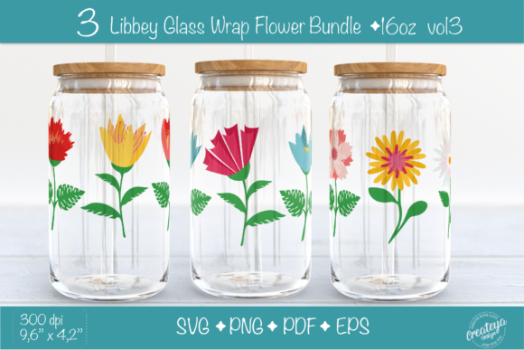 Libbey Glass Wrap Bundle with Flowers Graphic Illustrations By Createya Design