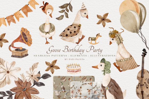 Vintage Goose Birthday Party Watercolor Graphic Illustrations By patipaintsco
