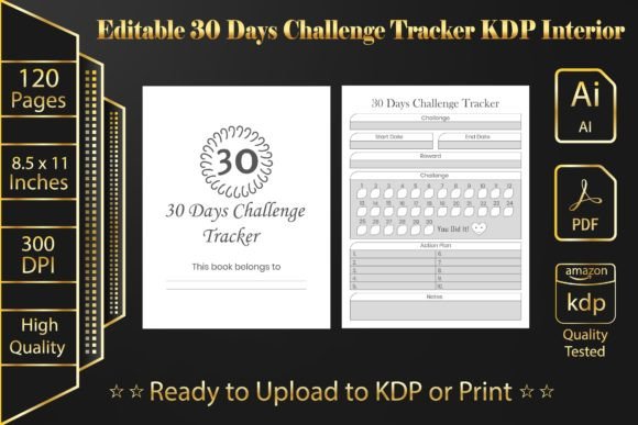 Editable 30 Day Challenge Tracker KDP Graphic KDP Interiors By Rextore