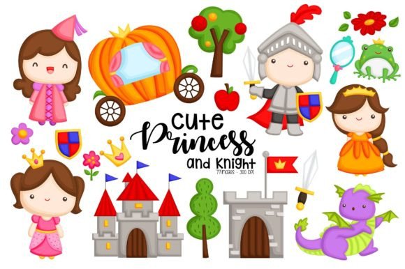 Princess and Knight Dragon Clipart Graphic Illustrations By Inkley Studio