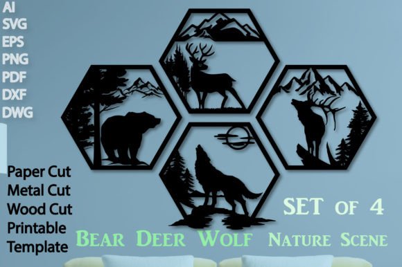 Laser Cut Bear Deer Wolf Scene Set of 4 Graphic 3D SVG By Dreamy Designs