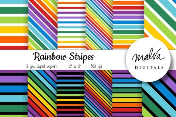 Rainbow Stripes Digital Papers Graphic Patterns By MalvaDigitals