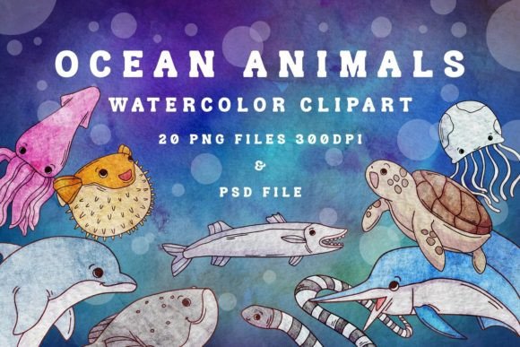Cute Ocean Watercolour Grafika Ilustracje do Druku Przez PIN Crafter