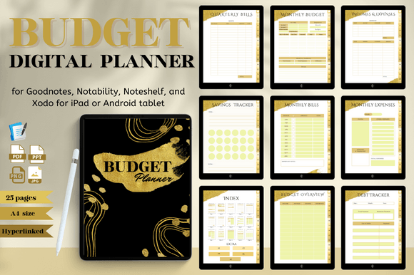 Gold Budget Digital Planner/Hyperlinked Graphic KDP Interiors By Nann Digital Art