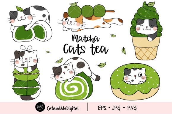 Matcha Cats Tea Clipart Illustration Illustrations Imprimables Par CatAndMe