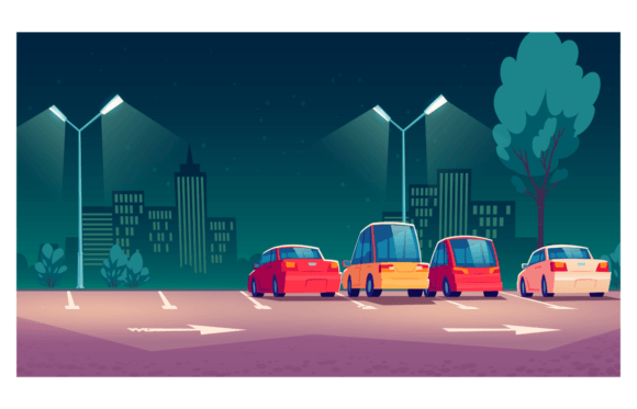 Cars on City Parking with Street Lights at Night Graphic Illustrations By myteamart