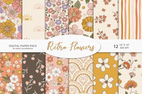 Retro Flowers Groovy Digital Paper Vol.1 Graphic Patterns By Anna Talavrinova Design