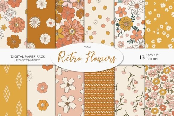 Retro Flowers Groovy Digital Paper Vol.2 Graphic Patterns By Anna Talavrinova Design