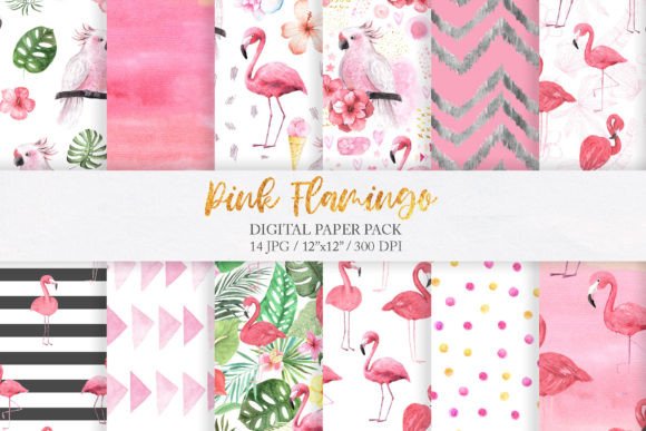 Watercolor Pink Flamingo Digital Papers Graphic Modèles de Papier By Larysa Zabrotskaya