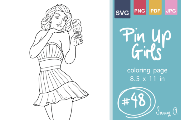 Vintage Pin Up Girls Adult Coloring Page Gráfico Páginas y libros de colorear para adultos Por Sany O.