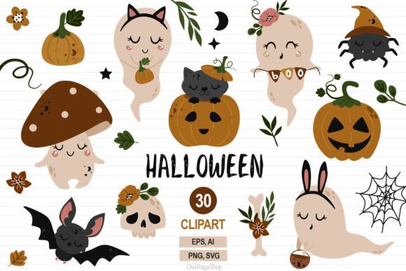 Cute Ghost Svg, Halloween Set Graphic Illustrations By owlasyashop