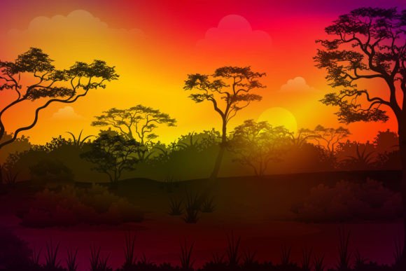African Savanna at Sunset Time Graphic Illustrations By Astira
