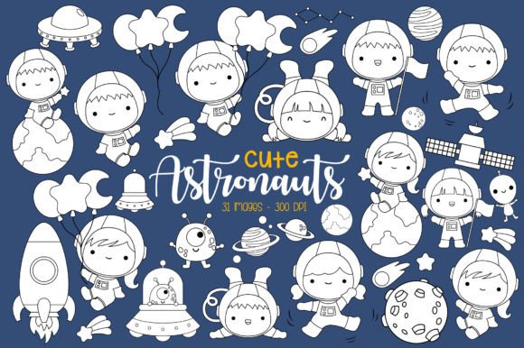 Doodle Cute Astronaut in Space Coloring Graphic Illustrations By Inkley Studio