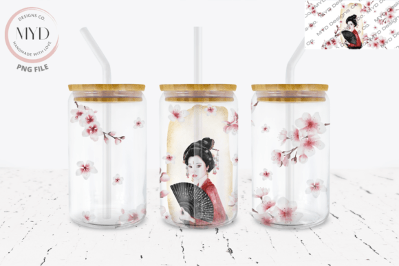 Glass Can 16oz Japan Geisha Sublimation Graphic Print Templates By MYD Designs Co
