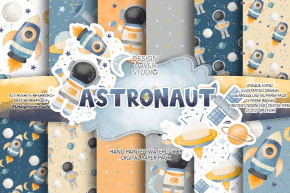 Watercolor Astronaut Space Digital Paper Gráfico Patrones de Papel Por designloverstudio
