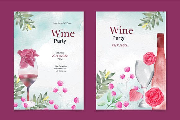 Watercolor Wine Party Poster Graphic Print Templates By tmartshop23