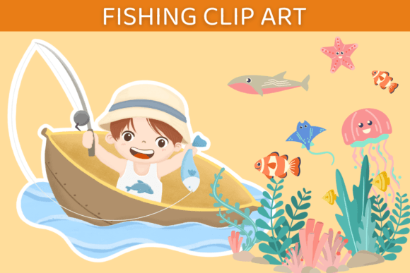 Child Fishing Clip Art_Summer_backtoscho Graphic Illustrations By REINDEER