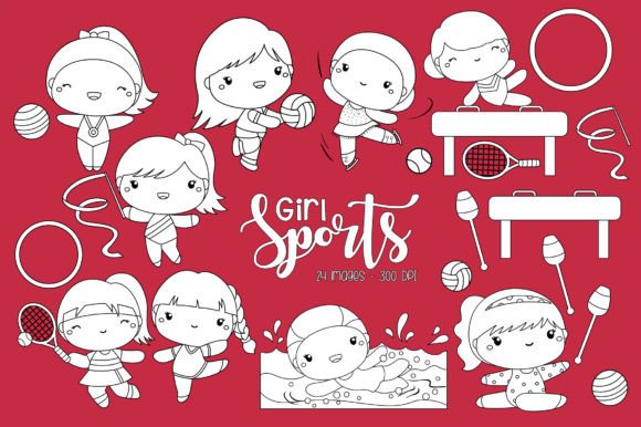 Girl Sports Clipart Healthy Coloring Gráfico Ilustraciones Imprimibles Por Inkley Studio