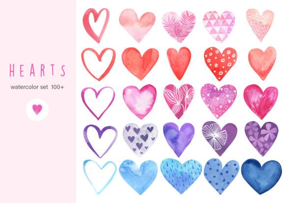 Watercolor Hearts Set Gráfico Ilustrações para Impressão Por Lelya.Cherry