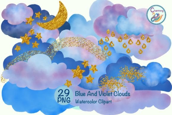 Watercolor | Blue and Violet Clouds Graphic Illustrations By charming2493