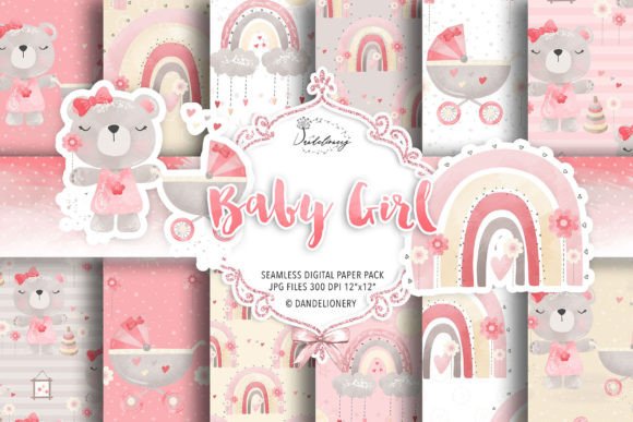 Watercolor Baby Girl Digital Paper Pack Graphic Patterns By dandelionery