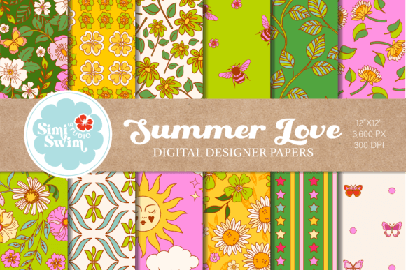Digital Retro Summer Love Floral Paper Gráfico Padrões de Papel Por simiswimstudio
