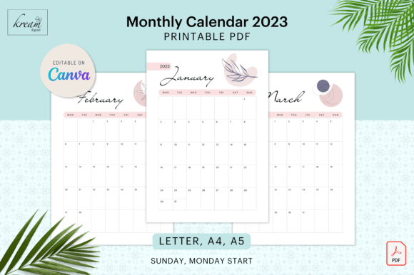 Canva Monthly Calendar 2023 Graphic Print Templates By Kream Digital