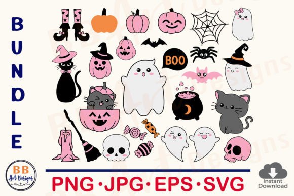 Cute Halloween Pink SVG Bundle, Clipart Graphic Print Templates By BB Art Designs