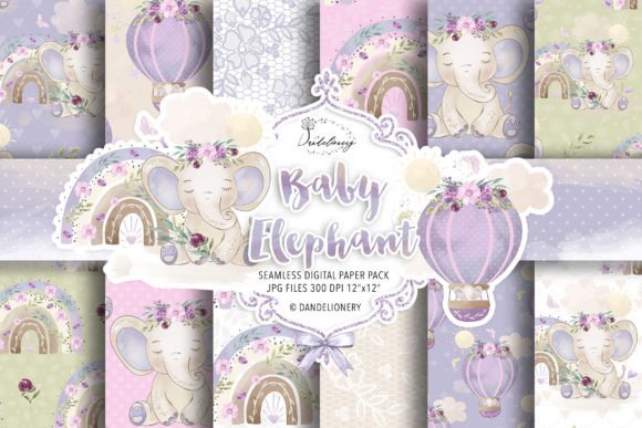Baby Elephant Purple Digital Paper Pack Graphic Patterns By dandelionery