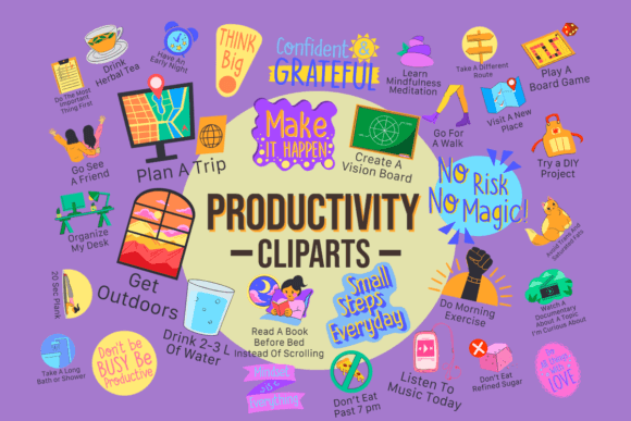 Productivity Cliparts, 50 PNG Stickers Graphic Illustrations By digitalplannerland