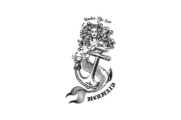 Mermaid with Anchor Tattoo Design. Monoc Afbeelding Afdrukbare Illustraties Door pch.vector