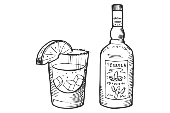 Tequila Icon. Engraved Bottle and Drink Afbeelding Afdrukbare Illustraties Door onyxproj