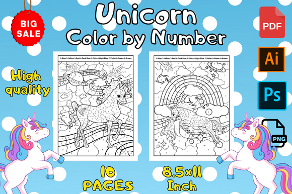 Unicorn Color by Number Graphic Coloring Pages & Books By Perfect Store