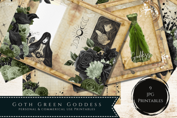 Junk Journal Kit Goth Green Goddess Grafika Rękodzieła Przez More Paper Than Shoes