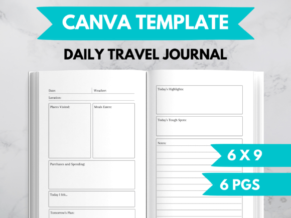 Daily Travel Journal Template for Canva Graphic KDP Interiors By selfpubmagic