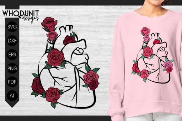 Heart and Roses SVG | Anatomical Heart Gráfico Manualidades Por Whodunit Designs