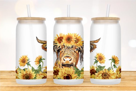 Highland Cow Sunflower Libbey Glass Png Graphic Print Templates By KKDesign
